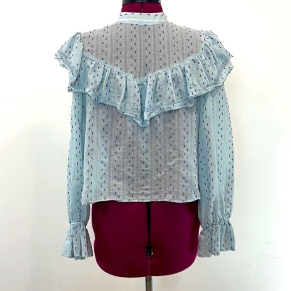 Zara blue textured Swiss dot mesh long sleeve ruffle blouse top M in Pastel Blue - Picture 2 of 8